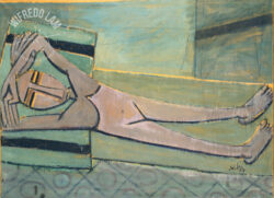 Oil on paper mounted on canvas
<br>107 x 148 cm (42 1/8 x 58 1/2 in.)
<br>Collection Musée de Grenoble (France) Nu couché, 1939 - Wifredo Lam