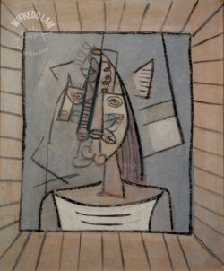 Oil on paper
<br>93 x 78 cm (36 5/8 x 30 3/4 in.)
<br>Private collection Portrait au cadre rayé, 1940 - Wifredo Lam