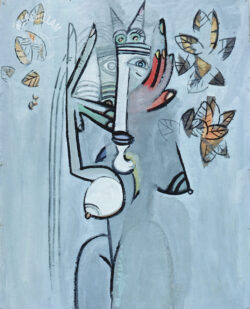 Gouache on paper
<br>105,4 x 85,1 cm (41 1/2 x 33 1/2 in.)
<br>Private collection Déesse avec feuillage, 1942 - Wifredo Lam