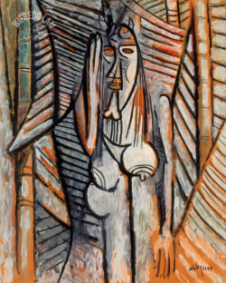 Oil on paper mounted on canvas
<br>105 x 84 cm (41 3/8 x 33 in.)
<br>Collection Musée national d’Art moderne, Centre Georges Pompidou, Paris
<br>Donation to the French State, 1985 Le Bruit, 1943 - Wifredo Lam