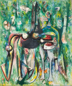 Oil on canvas
<br>153 x 126,4 cm (60 1/4 x 49 7/8 in.)
<br>Private collection Le Sombre Malembo, Dieu du carrefour, 1943 - Wifredo Lam